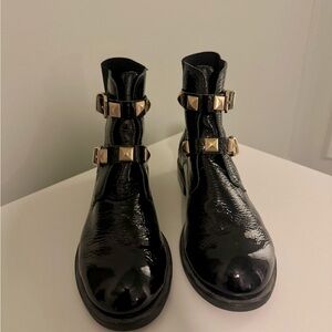 Carrano Black Patent Ankle Boots with Gold Studded Straps